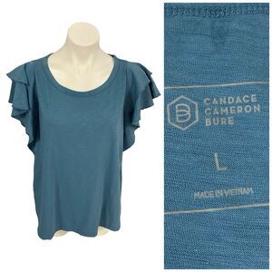 Candace Cameron Bure Top Womens Large Blue Ruffle Tee Shirt Work Office Casual
